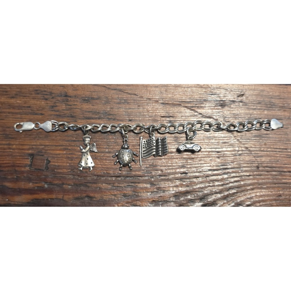 Vintage Sterling Silver Double Link 4 Charm Bracelet Italy 925 - 7 Inch